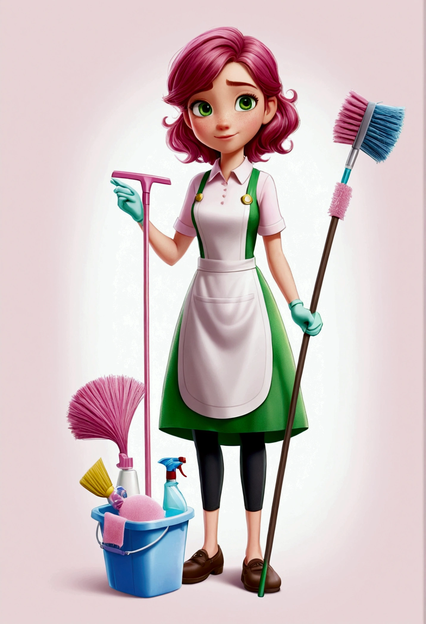 Brown hair, green eye, cleaning staff, cleaning articles,1 girl, wearing pink, full body, White background, artwork, pink hair ornament, full HD, Disney Pixar Animations style