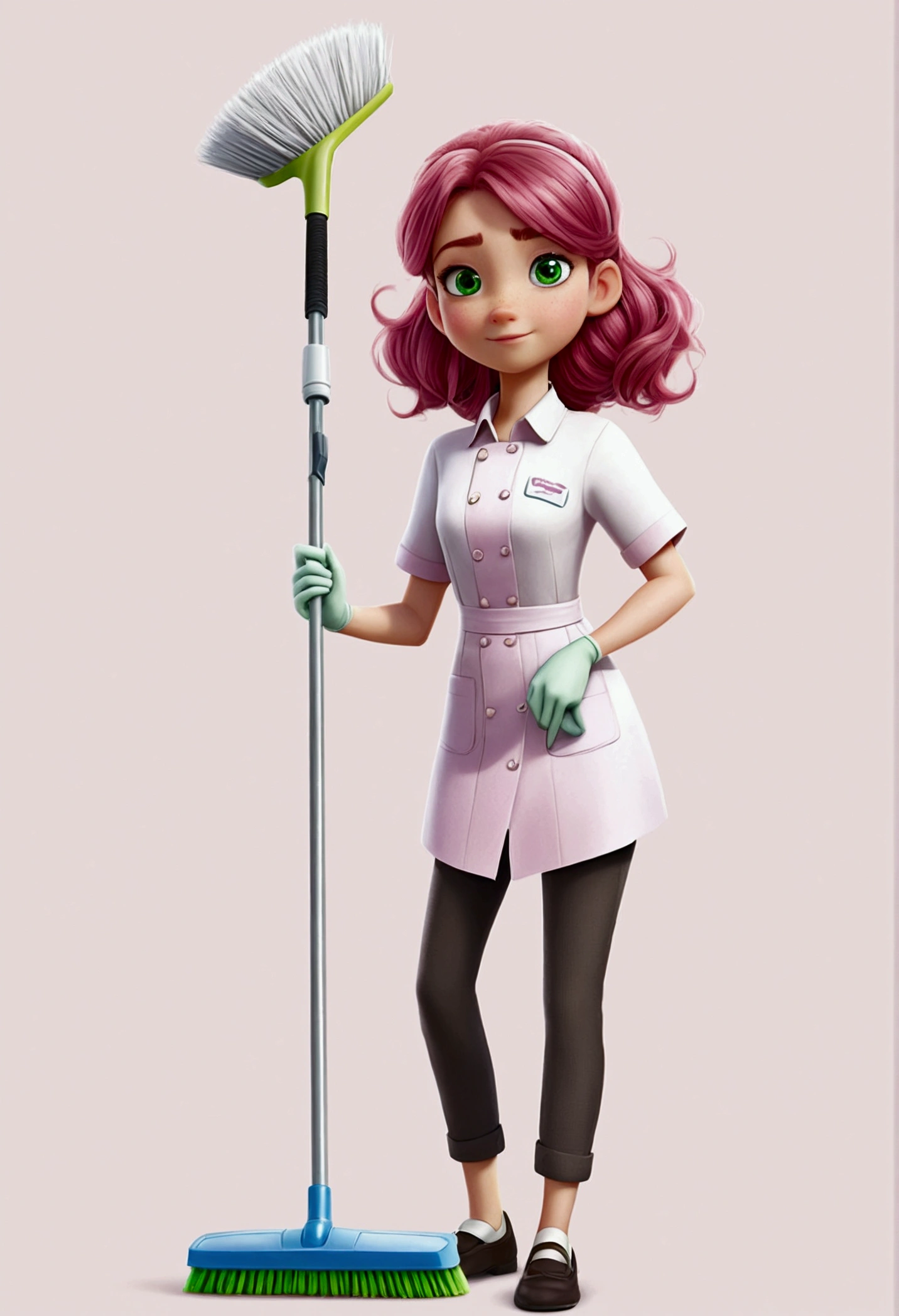 Brown hair, green eye, cleaning staff, cleaning articles,1 girl, wearing pink, full body, White background, artwork, pink hair ornament, full HD, Disney Pixar Animations style