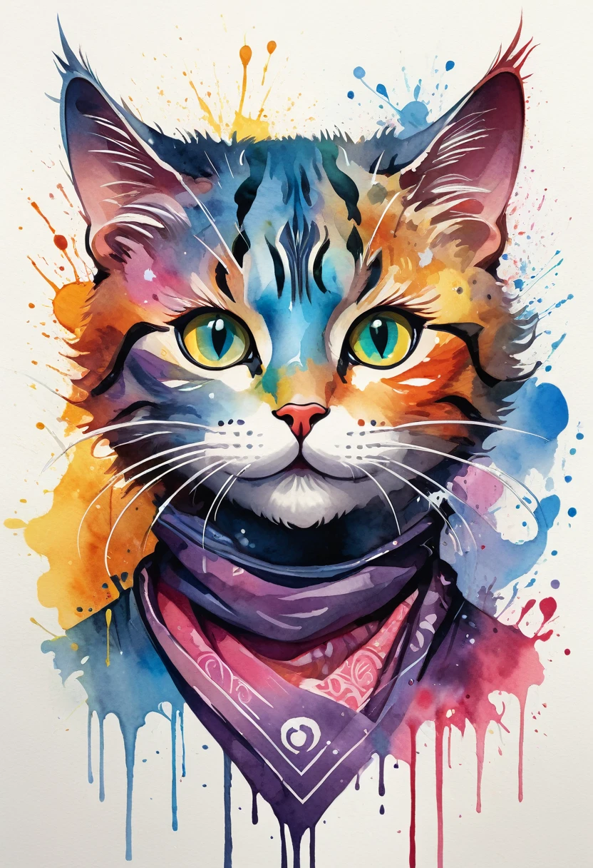 wtrcolor style, digital art of (Cat character), official art, front, smile, masterpiece, beautiful, ((watercolor)), face painting, ink splash, intricate details. Very detailed eyes, [drip:0.5], trend in Artstation, Rachel Walker, Greg Rutkowski
