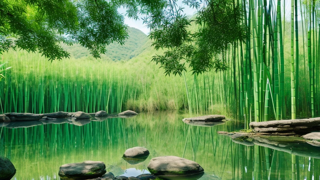 a serene and tranquil bamboo forest with crystal clear water, reflection of bamboo leaves and branches as the foreground, chinese mountains, bonsai, herons, clear lines and shading, sumi-e style on ancient parchment
