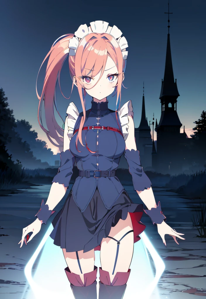 [(cathedral background:1.4)::5],original,(illustration:1.1),(best quality),(masterpiece:1.1),(extremely detailed CG unity 8k wallpaper:1.1), (colorful:0.9),(mid shot:0.95),(full body:1.5),Dynamic angle,(solo:1.2), (girl),((adult)), (detailed beautiful eyes:1.15), (beautiful face:1.15), (glowing red eyes:1.25////),((medium hair)),((split-color hair , red hair , light blue hair)),(high twintails),(chignon),(+perfect hand+:1.21),(Draw an illustration of a gothic girl),(Religious),(slender),(is wearing boots on her feet),((is wearing white maid clothes)),(furious), Lace Off-shoulder lolita fashion,beautiful slender woman,high twintails,full body,mini skirt,((split-color hair , red hair , light blue hair)),((black long boots)),((mini skirt)),((adult)),((dynamic angle)),((split-color hair , red hair , light blue hair)),((split-color hair , red hair , light blue hair)),((black long boots)),((black long boots)),