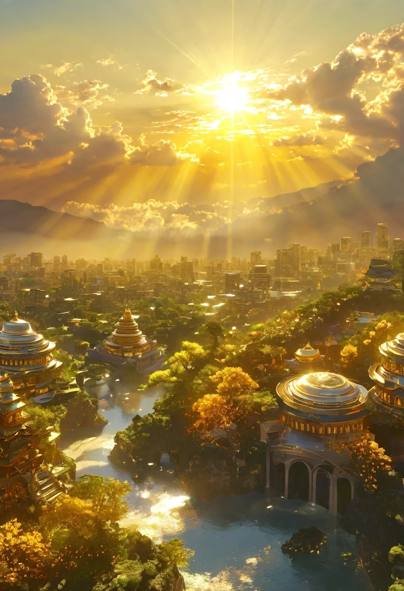 空に向かって上昇するgod秘的な都市、Digital Art, The clouds clear and the shining sun appears, Ascension Day,Golden Sun、Sky City、god々Utopian、There is one relic。空中に浮かぶgod々Our Sky Garden、Angel Ladder、