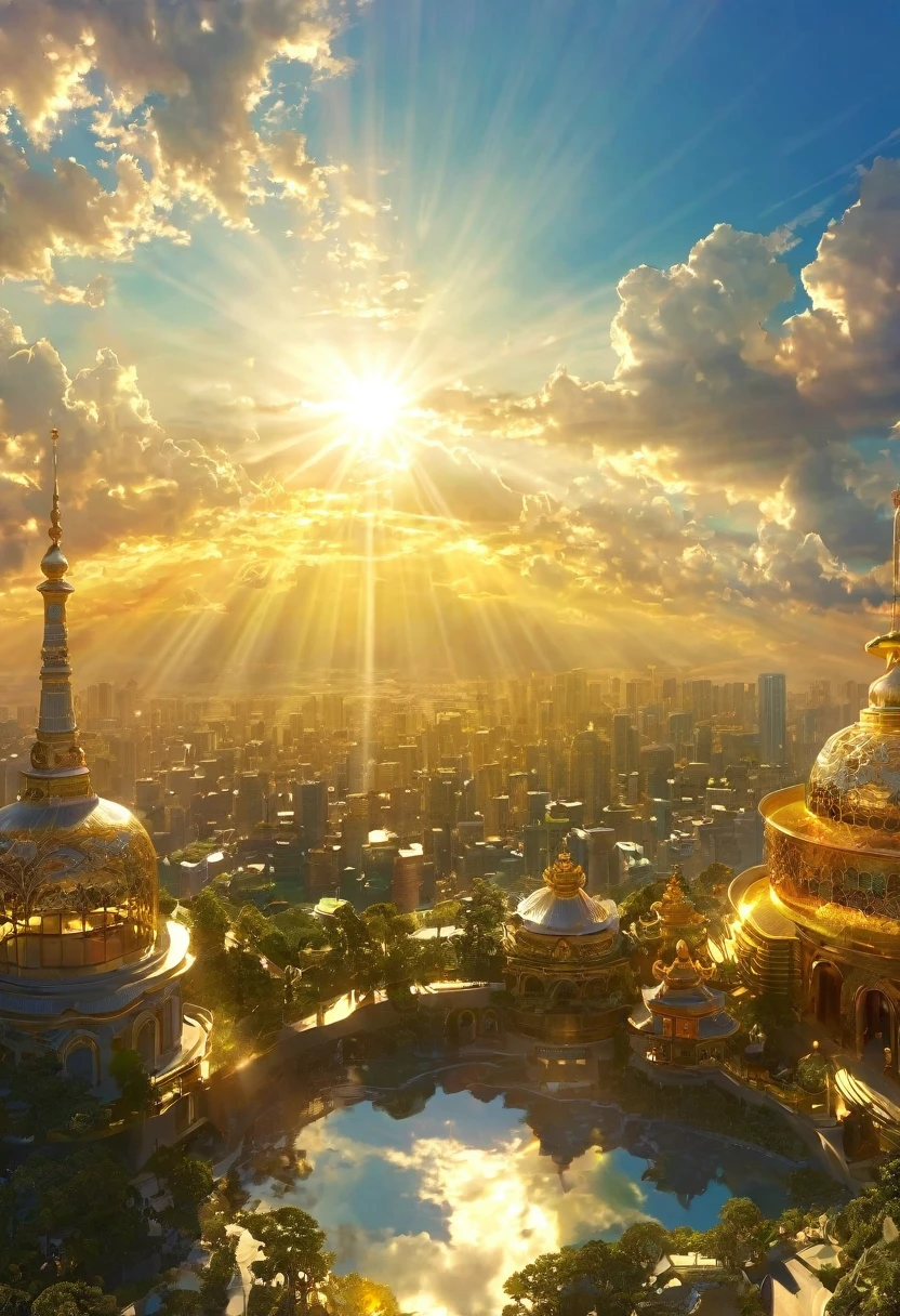 空に向かって上昇するgod秘的な都市、Digital Art, The clouds clear and the shining sun appears, Ascension Day,Golden Sun、Sky City、god々Utopian、There is one relic。空中に浮かぶgod々Our Sky Garden、Angel Ladder、
