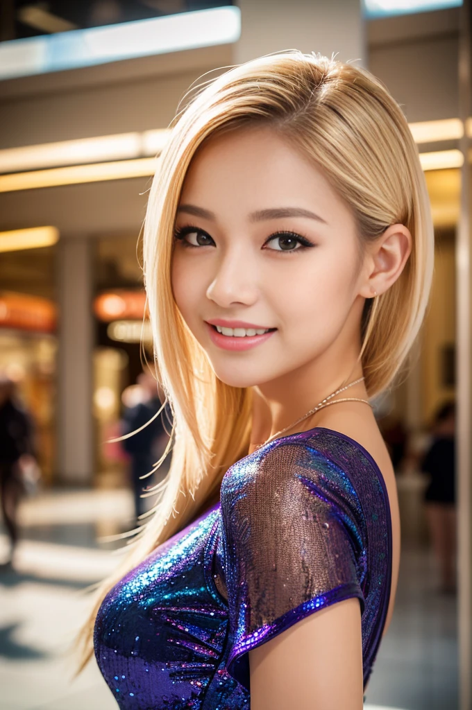 (masterpiece:1.4), (best quality:1.4), ultra high res, ultra high resolution, ((detailed facial features)), HDR, (realistic, photorealistic, photo-realistic:1.37), closeup, sexy seductive Thai woman, (seductive smile), long lashes, beautiful makeup, platinum blonde hair, fair skin, slender figure, elegant posture, wearing large sparkling colorful jewelery, wearing a business style leather dress, standing in a large shopping mall, gentle sunlight shining through the shopping mall windows, casting a soft glow on her face, adding warmth to the scene, vibrant colors, capturing the essence of vibrant city life, portrait style, showcasing her natural beauty and grace in a feminine way