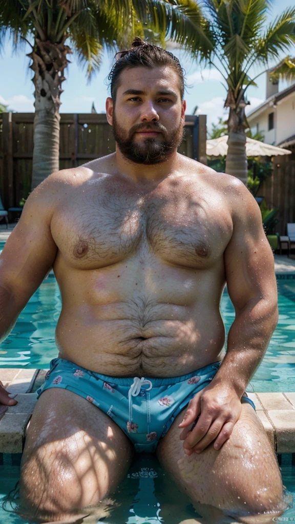 The best quality, Masterpiece, ultra-high-resolution, portrait, (photorealistic:1.4), RAW photo, Handsome manly overweight man, sitting in the waterpool, smirk, top knot, with swimming trunks, barba, detailed facial textures