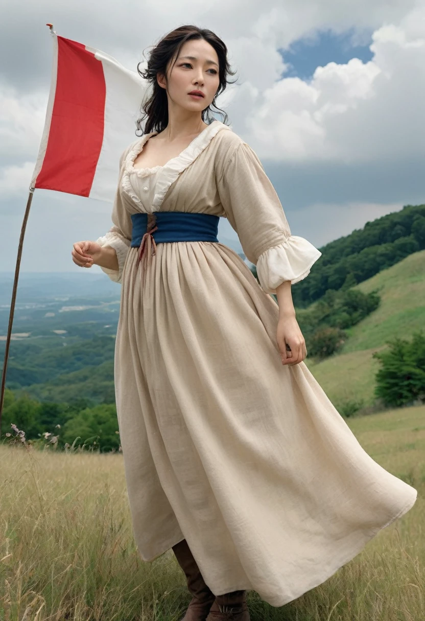 Highest quality、high detail、Ultra-realistic、「french revolution」A famous scene from、A beautiful woman runs up a hill with a French flag and a shotgun、White skin、My body is dirty in places with dust.、She is wearing a light beige dress with an open collar and frills.、Breast fully exposed、Super huge droopy udder、Erect nipples、Cloudy sky with dark clouds that look like it might rain,「Goddess of the French Revolution」,Japanese Mature,45 years old