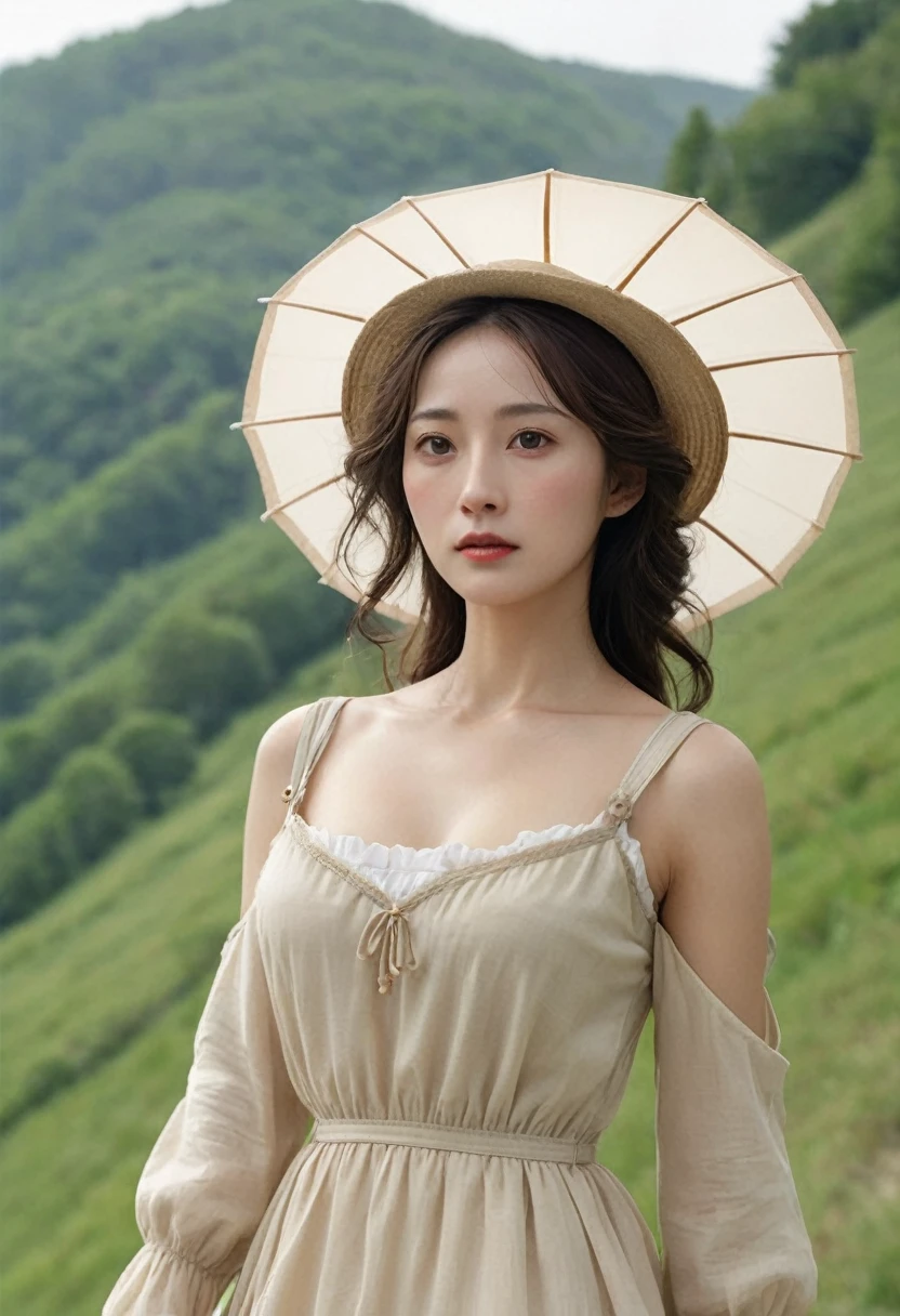 Highest quality、high detail、Ultra-realistic、「french revolution」A famous scene from、A beautiful woman runs up a hill with a French flag and a shotgun、White skin、My body is dirty in places with dust.、She is wearing a light beige dress with an open collar and frills.、Breast fully exposed、Super huge droopy udder、Erect nipples、Cloudy sky with dark clouds that look like it might rain,「Goddess of the French Revolution」,Japanese Mature,45 years old