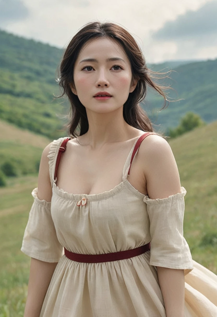 Highest quality、high detail、Ultra-realistic、「french revolution」A famous scene from、A beautiful woman runs up a hill with a French flag and a shotgun、White skin、My body is dirty in places with dust.、She is wearing a light beige dress with an open collar and frills.、Breast fully exposed、Super huge droopy udder、Erect nipples、Cloudy sky with dark clouds that look like it might rain,「Goddess of the French Revolution」,Japanese Mature,45 years old