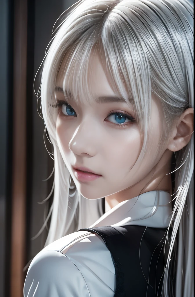 A tall, beautiful woman with white hair at school、Ultra-high resolution、Highest quality、masterpiece、Ultra high definition、Very detailed、JK Uniform、Soft skin texture、Soft lips、Silky Platinum Silver Hair、Photogenic、