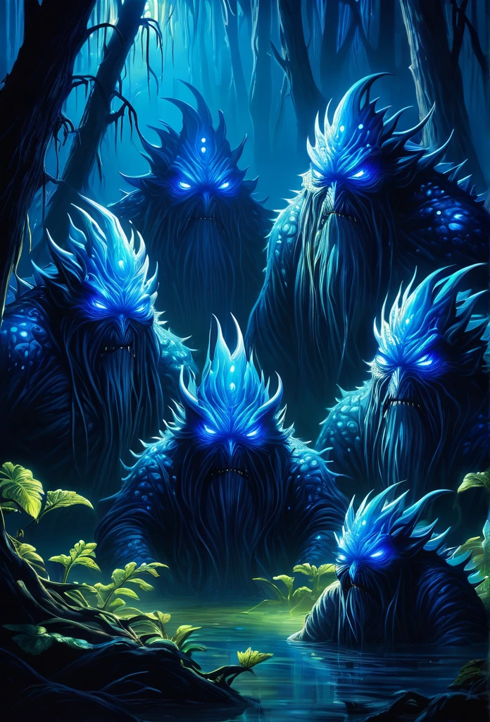 Swamp monsters covering their eyes dazzled by intense blue light