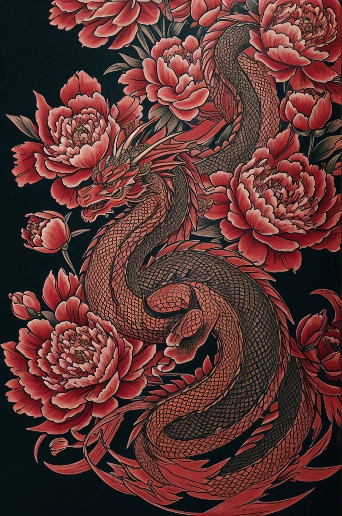 Make a 2D image of a Japanese-style dragon surrounded by lycoria radiata flowers and peonies in red as if it were a tattoo design 