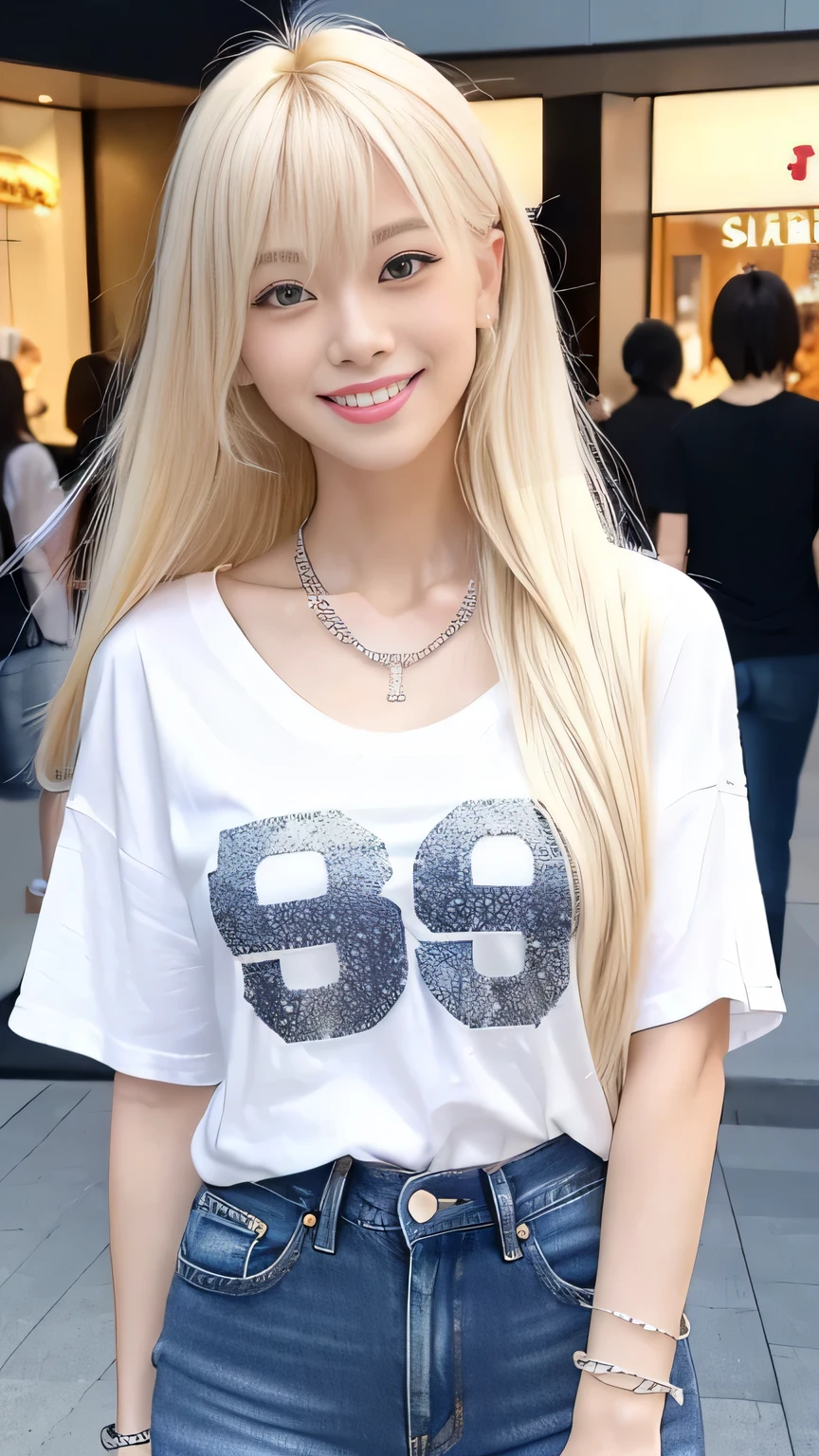 One Japanese person、Beautiful housewife 25 years old, Beautiful smile, Lip gloss, Long eyelashes, Close-up photo, (Large sparkly necklace), (big shiny bracelet), A full-body photo from head to toe、Daytime scenery, big shopping mall background, Improve,  (((Platinum blonde stylish hair))), ((T-shirt and jeans)), Sweet and sexy, Captivating look