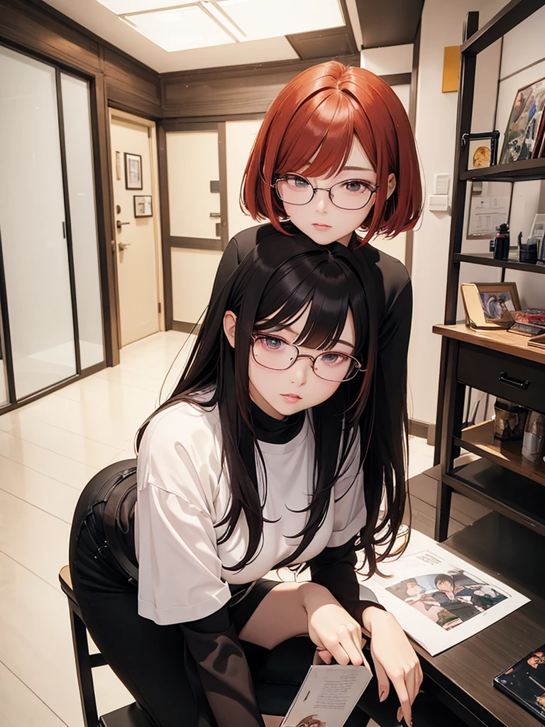 In manhwa art style young adult Korean woman 24s. Her haircut is hime cut with bangs and ginger color. Her face is oval , which carry a hopefully and cool face. Her skin is radiant and clear, and her lips is red pink. Brown color eyes are captivating and beautiful. She is wearing a black pants and blue long-sleeved and glasses blouse while inside his photographic studio