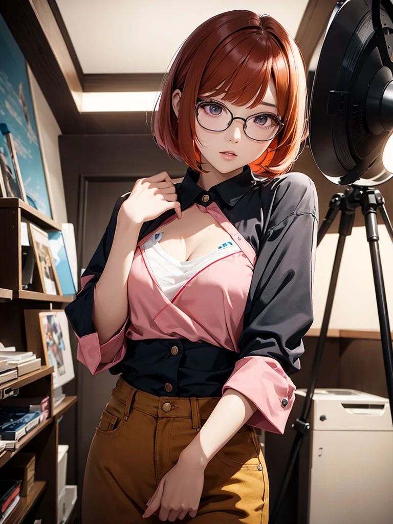 21 year old girl,
short red hair, big eyes, sweet smile, small breasts, thin hips,
dog collar, white unbuttoned shirt, blue bra, cleavage, jean shorts,
record store, vinyl,
open door, open window,
dramatic lighting, cinematic lighting, Rembrandt lighting,