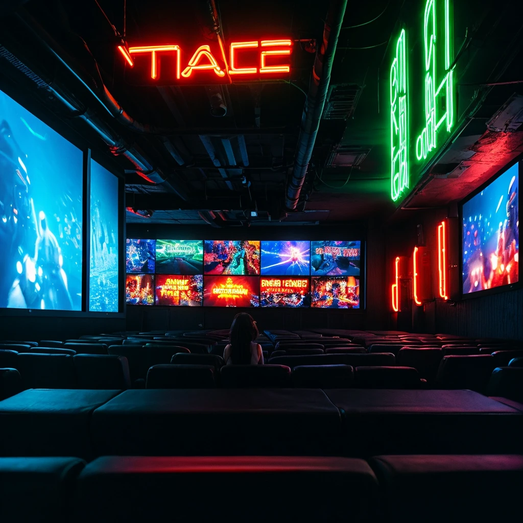 Dark neon huge cinema with huge screen