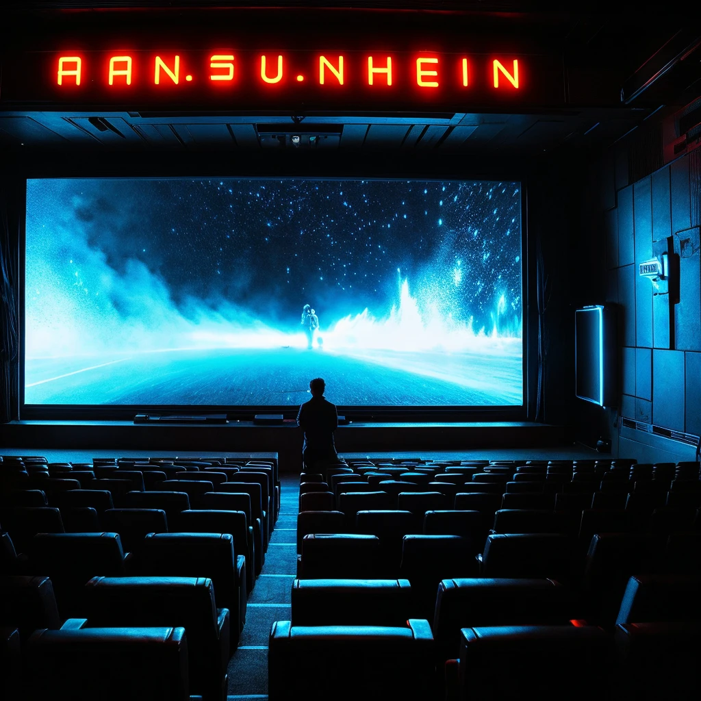 Dark neon huge cinema with huge screen