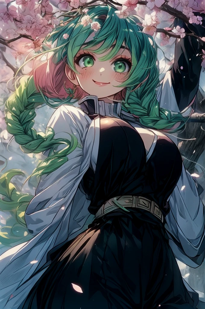 cheddarcheems, mitsuri(demon slayer), large breasts, upper body, haori, bangs, 1girl,green hair, demon slayer uniform, gradient hair, solo, jacket, multicolored hair, cherry blossoms, floating petals, light particles, smile, green eyes, twin braids, ope mouth,>_masterpiece, bestquality, ultra-detailed, detailed scenery, cinematic effect,mitsuri(demon slayer)