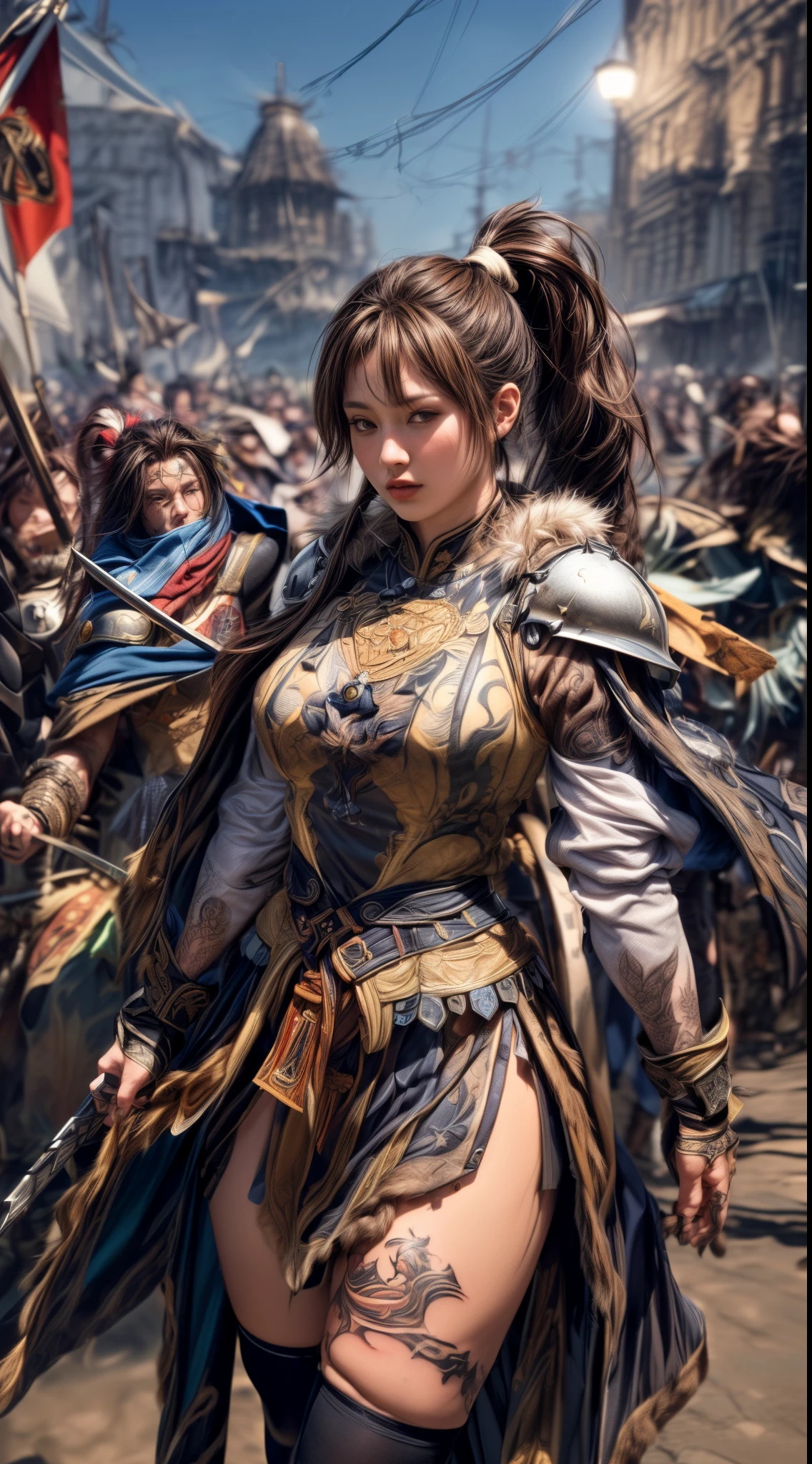 Very beautiful woman、Very tall woman、((logic))、(Detailed face)、Realistic Skin、((Knights of the Earth)), (((Light brown and black armor:1.25)))、((((非常に繊細で装飾が施されたLight brown and black armor))))、((Delicate photo))，(Girl Astepeace RAW Photo Details:1.25), (Highest quality:1.6), (Ultra-high resolution:1.5), (Realistic:1.75), 8K resolution, Canon EOS R5, 50mm, Absurd, Super detailed,Cinema Lighting,Battlefields of Medieval Europe、((Fight))、RPG World、Final Fantasy、(((Decorative skirt)))、Thigh-high socks、Shingard、night、((((Messy center parted high ponytail))))、((Get a six pack))、Torn Cloak、((Beautiful Armor))、(((Huge Weapons)))、In combat、The wind is blowing、(((Leading a large group of knights:1.3)))、(((Knight Commander)))、(banner)、Ape coat of arms、(((The main color is light brown)))、(((Black tribal tattoos)))、Dust、(((Wearing fur)))、(Rocky area)、(((Battle Scenes)))