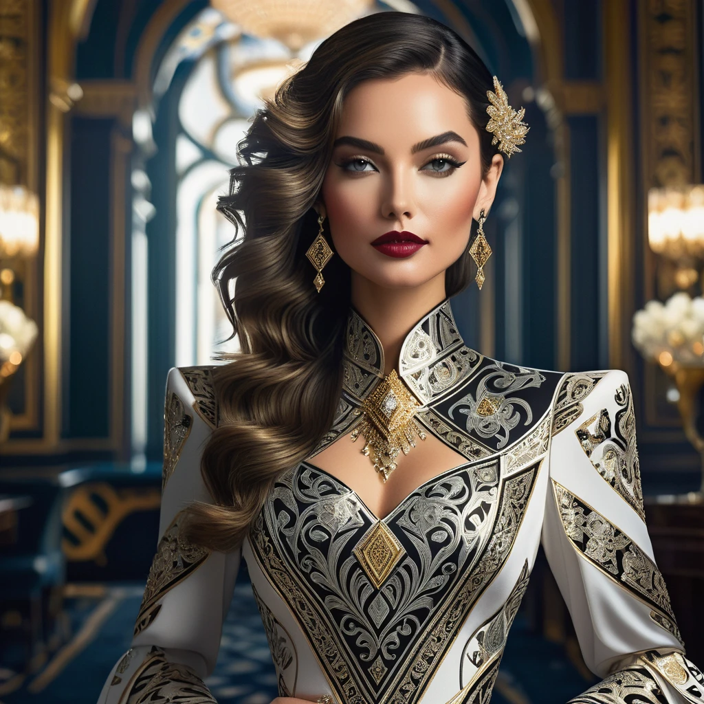 "An elegant woman wearing a stunning dress inspired by Suites playing cards. The dress features intricate cup patterns, diamonds, swords and clubs, with gold and silver details that shine in the light."