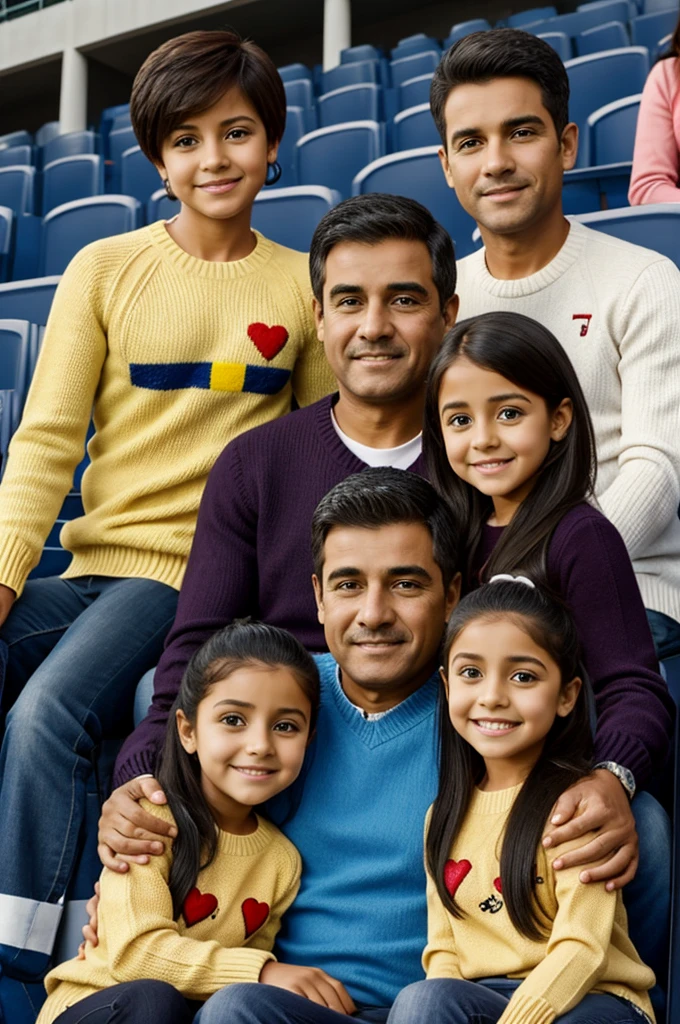 3d cartoon family with sweaters from Colombia, father on the back name Enrique, mom Liseth Alejandro, in the stadium stands