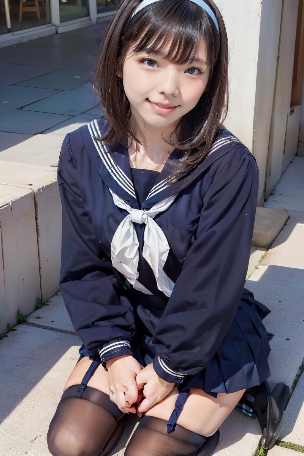 Sailor suit, One Woman, (Beautiful woman, delicate :1.3), Black Hair, bob cut, bangs,8K), (highest quality: 1.2), (Realistic), (Realistic: 1.37), (masterpiece), (Ultra-high resolution), (RAW Photos), (Absolute Resolution), (face is small compared to body: 1.4), (Small face:1.4), A balanced face, (Small Mouth: 1.4), (Slim female body: 1.4), (long sleeve sailor uniform:1.3), Realistic high school girl, (White headband:1.4), Small breasts, Slanted Eyes, Bright Blue Eyes, (Cafe on the open terrace), smile, Blurred, ((Full Body Shot)), Black Stockings, Black garter belt, Three white lines on the collar of a sailor uniform, sailor uniform, dark blue,