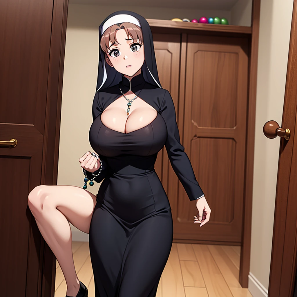 ariana grande in closet, pews in background, sexy nun outfit, big breasts, (big breasts:1.2), cleavage, holding prayer beads, and demon ,raping nun