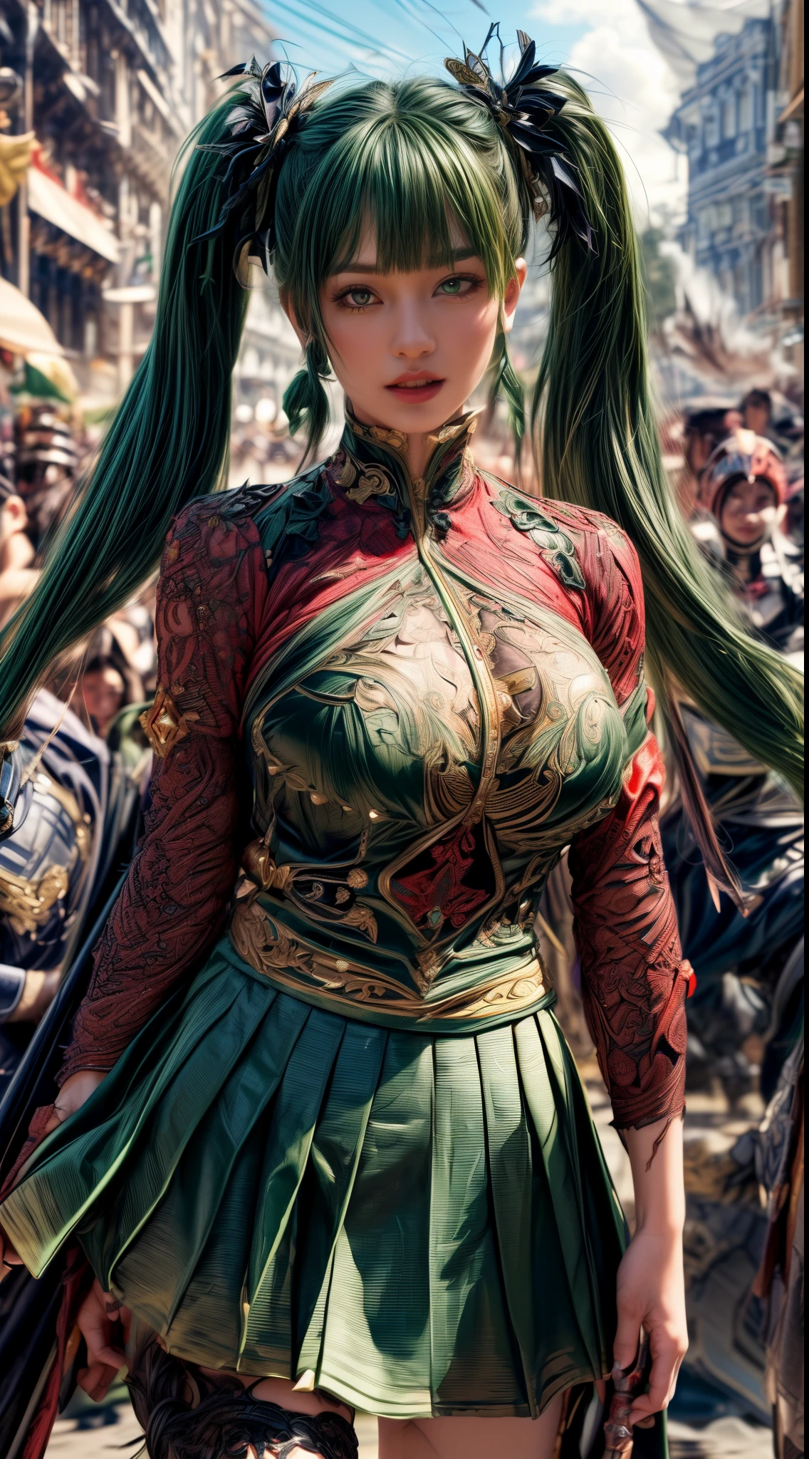 Very beautiful girl、Laughter、thin、(((Low length)))、(Detailed face)、Realistic Skin、((Holy Knight)), ((Dark green armor))、((((A black armor with extremely detailed and intricate decoration.:1.1))))、((Delicate photo))，(Girl Astepeace RAW Photo Details:1.25), (Highest quality:1.6), (Ultra-high resolution:1.5), (Realistic:1.75), 8K resolution, Canon EOS R5, 50mm, Absurd, Super detailed,Cinema Lighting,((Fightfield))、((Fight))、(((Decorative green skirt)))、Thigh-high socks、Shingard、((Dark green hair))、((Twin tails))、((Hairstyle with bangs))、Get a six pack、Cape、Beautiful Armor、(((Has a huge weapon)))、(In combat)、The wind is blowing、((Symmetrical armor))、((((tornado))))、(((Lead a large group of knights:1.2)))、banner、Lion-themed armor