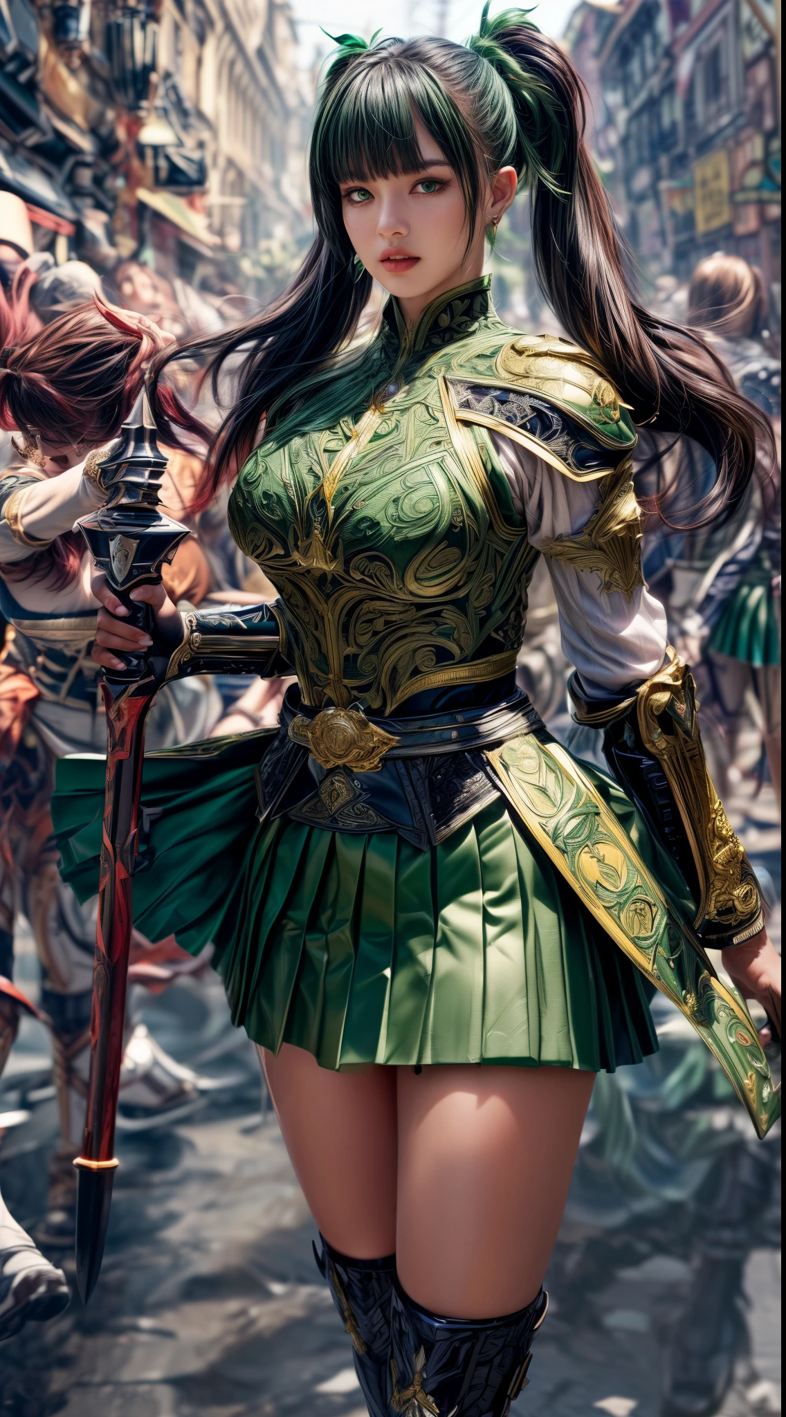 Very beautiful girl、Laughter、thin、(((Low length)))、(Detailed face)、Realistic Skin、((Holy Knight)), ((Dark green armor))、((((A black armor with extremely detailed and intricate decoration.:1.1))))、((Delicate photo)),(Girl Astepeace RAW Photo Details:1.25), (Highest quality:1.6), (Ultra-high resolution:1.5), (Realistic:1.75), 8K resolution, Canon EOS R5, 50mm, Absurd, Super detailed,Cinema Lighting,((Fightfield))、((Fight))、(((Decorative green skirt)))、Thigh-high socks、Shingard、((Dark green hair))、((Twin tails))、((Hairstyle with bangs))、Get a six pack、Cape、Beautiful Armor、(((Has a huge weapon)))、(In combat)、The wind is blowing、((Symmetrical armor))、((((tornado))))、(((Lead a large group of knights:1.2)))、banner、Lion-themed armor