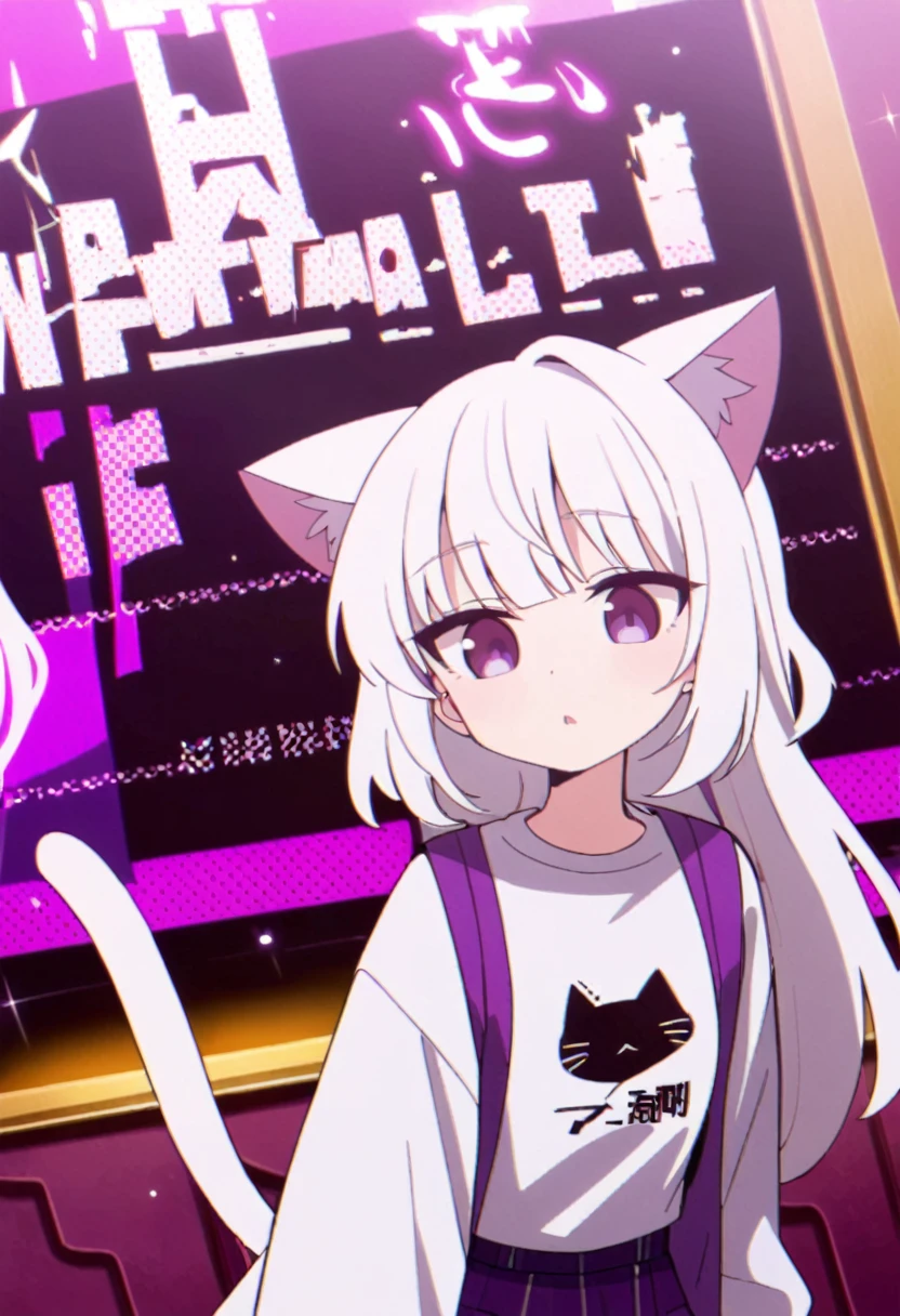 Make a man, 2d with female features white hair, cat ears and tail the same color as the hair, casual purple and white femboy outfits, Light purple eyes mixed with dark feminine features, artwork style:Masayoshi Tanaka