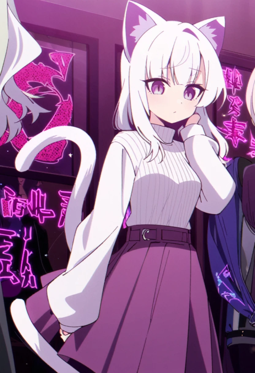 Make a man, 2d with female features white hair, cat ears and tail the same color as the hair, casual purple and white femboy outfits, Light purple eyes mixed with dark feminine features, artwork style:Masayoshi Tanaka