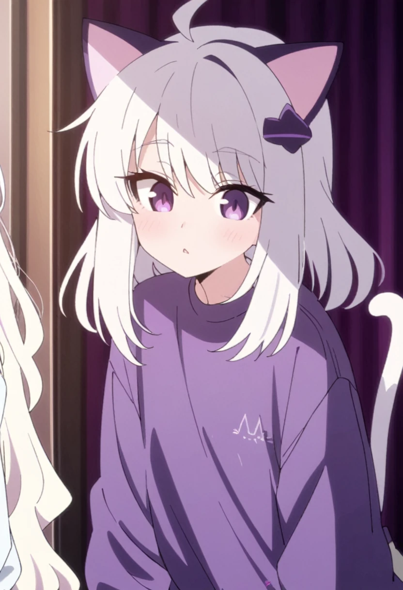 Make a man, 2d with female features white hair, cat ears and tail the same color as the hair, casual purple and white femboy outfits, Light purple eyes mixed with dark feminine features, artwork style:Masayoshi Tanaka