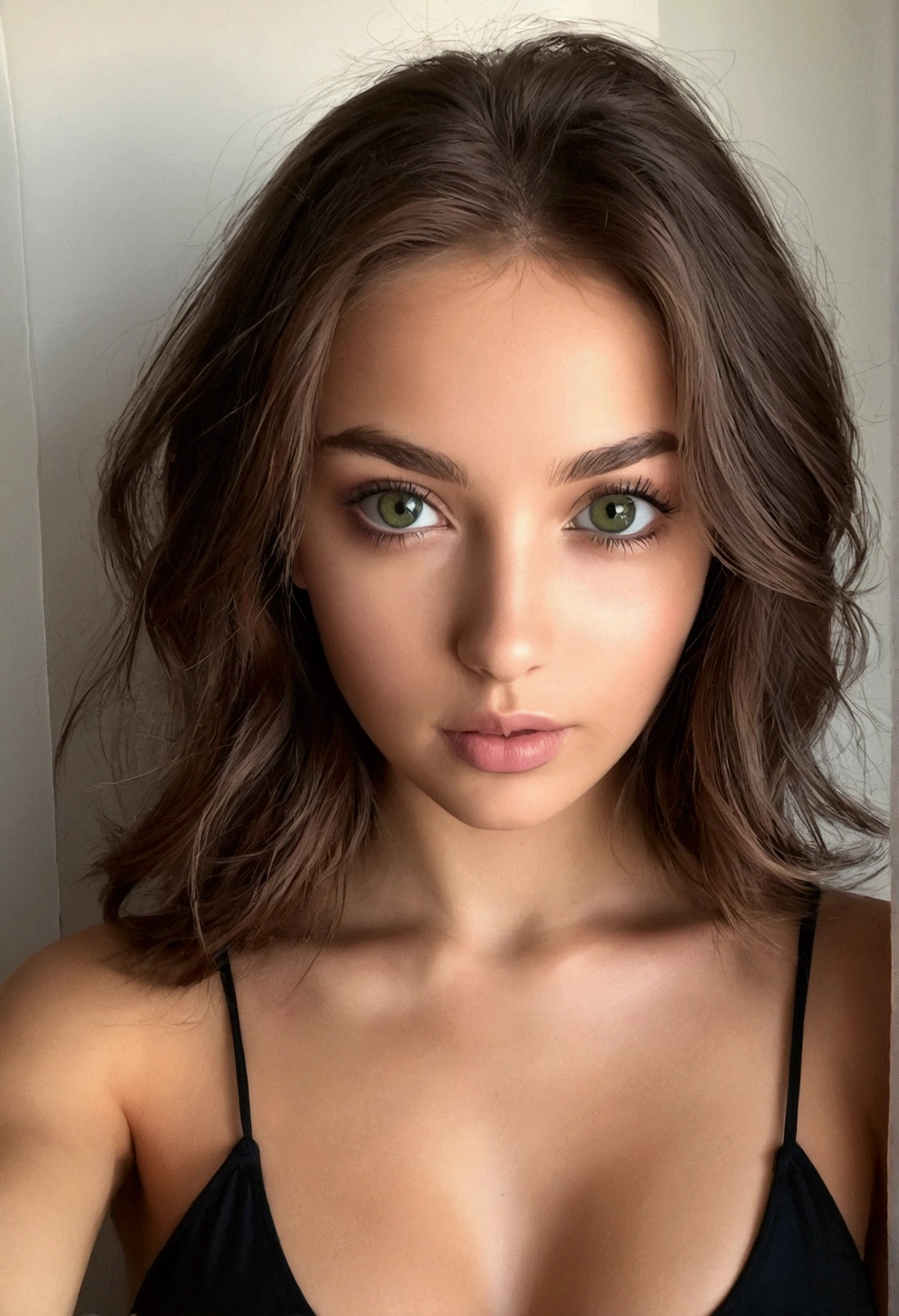 Femme arafed sans soutiens gorge, fille sexy aux yeux verts, portrait sophie mudd, cheveux bruns et grands yeux, selfie d'une jeune femme, Yeux de chambre, violette myers, sans maquillage, Maquillage naturel, regarder directement la caméra, Visage avec Artgram, Maquillage subtil, Superbe photo du corps entier, yeux verts perçants, Bel angle, pose attrayante, fille mignonne, pose sexy, Image du corps entier, corps entier, Prise de vue du corps entier, déesse brune, détail élevé, pose satisfaite, Pantalon en cuir, visage seulement