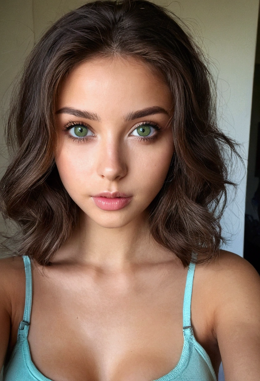 Femme arafed sans soutiens gorge, fille sexy aux yeux verts, portrait sophie mudd, cheveux bruns et grands yeux, selfie d&#39;une jeune femme, Yeux de chambre, violette myers, sans maquillage, Maquillage naturel, regarder directement la caméra, Visage avec Artgram, Maquillage subtil, Superbe photo du corps entier, yeux verts perçants, Bel angle, pose attrayante, fille mignonne, pose sexy, Image du corps entier, corps entier, Prise de vue du corps entier, déesse brune, détail élevé, pose satisfaite, Pantalon en cuir, visage seulement