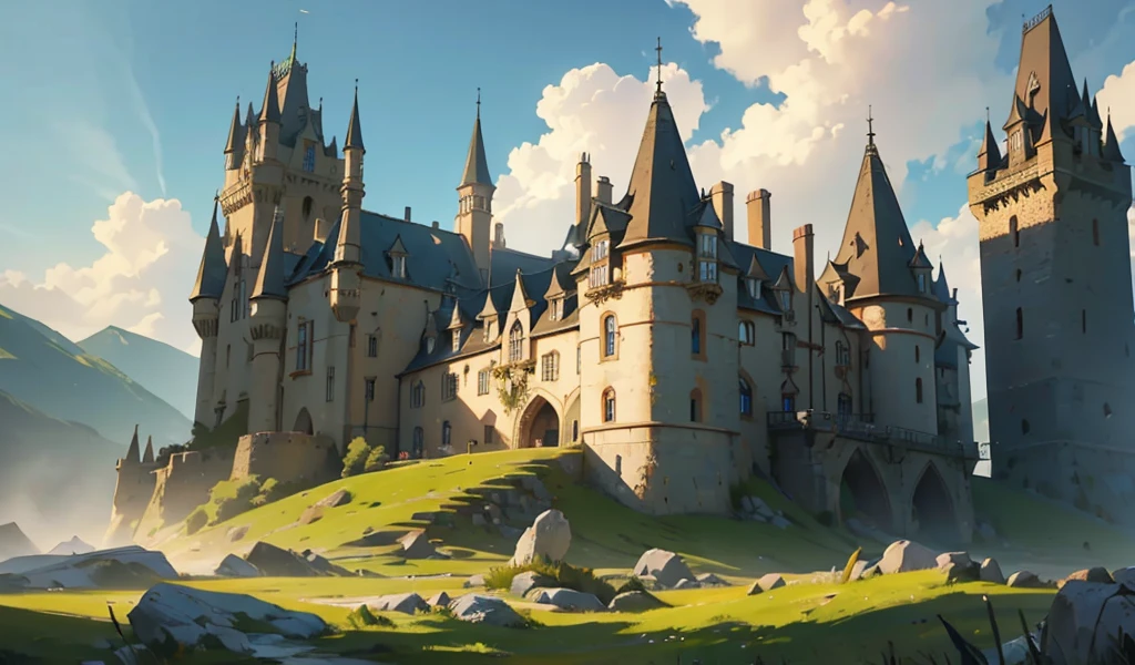 A medieval fantasy castle on a grassy mountain, detailed illustration, medieval, castle, mountain, grass field, fantasy landscape, intricate architecture, medieval stone, turrets, towers, drawbridge, moat, clouds, dramatic lighting, cinematic, (best quality,4k,8k,highres,masterpiece:1.2),ultra-detailed,(realistic,photorealistic,photo-realistic:1.37),vibrant colors,cinematic lighting