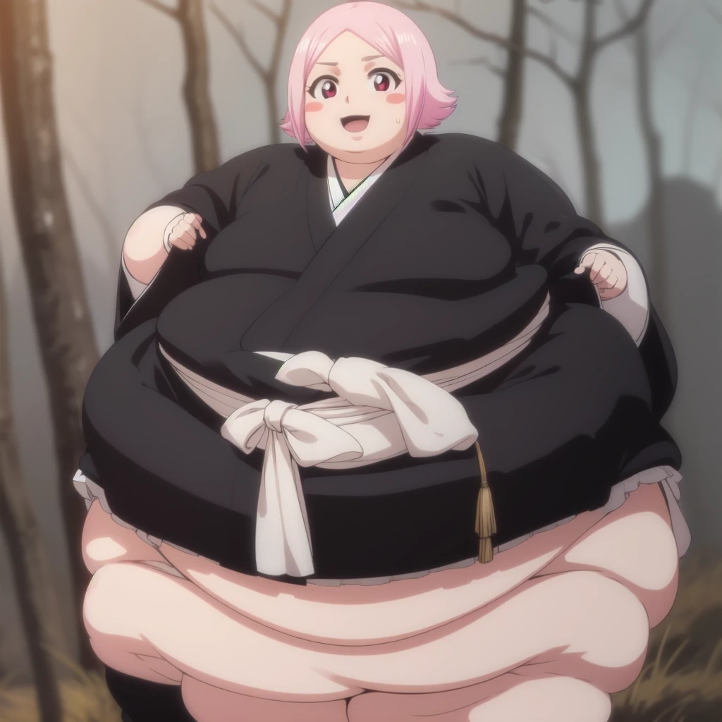 yachirukusajishi, yachiru kusajishi, short hair, pink hair, (pink eyes:1.5), blush stickers, open mouth, forehead,
BREAK long sleeves, japanese clothes, hakama, black hakama,
BREAK outdoors,
BREAK looking at viewer, (cowboy shot:1.5),
BREAK (masterpiece:1.2), best quality, high resolution, unity 8k wallpaper, (illustration:0.8), (beautiful detailed eyes:1.6), extremely detailed face, perfect lighting, extremely detailed CG, (perfect hands, perfect anatomy), standing, smile, blush, solo, 1girl, SSBBW yachiru kusajishi, big cheeks, ssbbw, severely obese ,600lbs obese female, no pupils, ultra detailed, masterpiece, best quality, aesthetic, detailed, Fluffy and Fat Face, Big Butt, Big Cheeks, Obese Body, Sexy, Obese Girl, Happy, Cute Expression, Very Hot, bbwchan, nsfw, manhwa, oppai proportions, she has a jiggly fat round belly, body swelling about to explode, thicc, with a large breasts, doujin