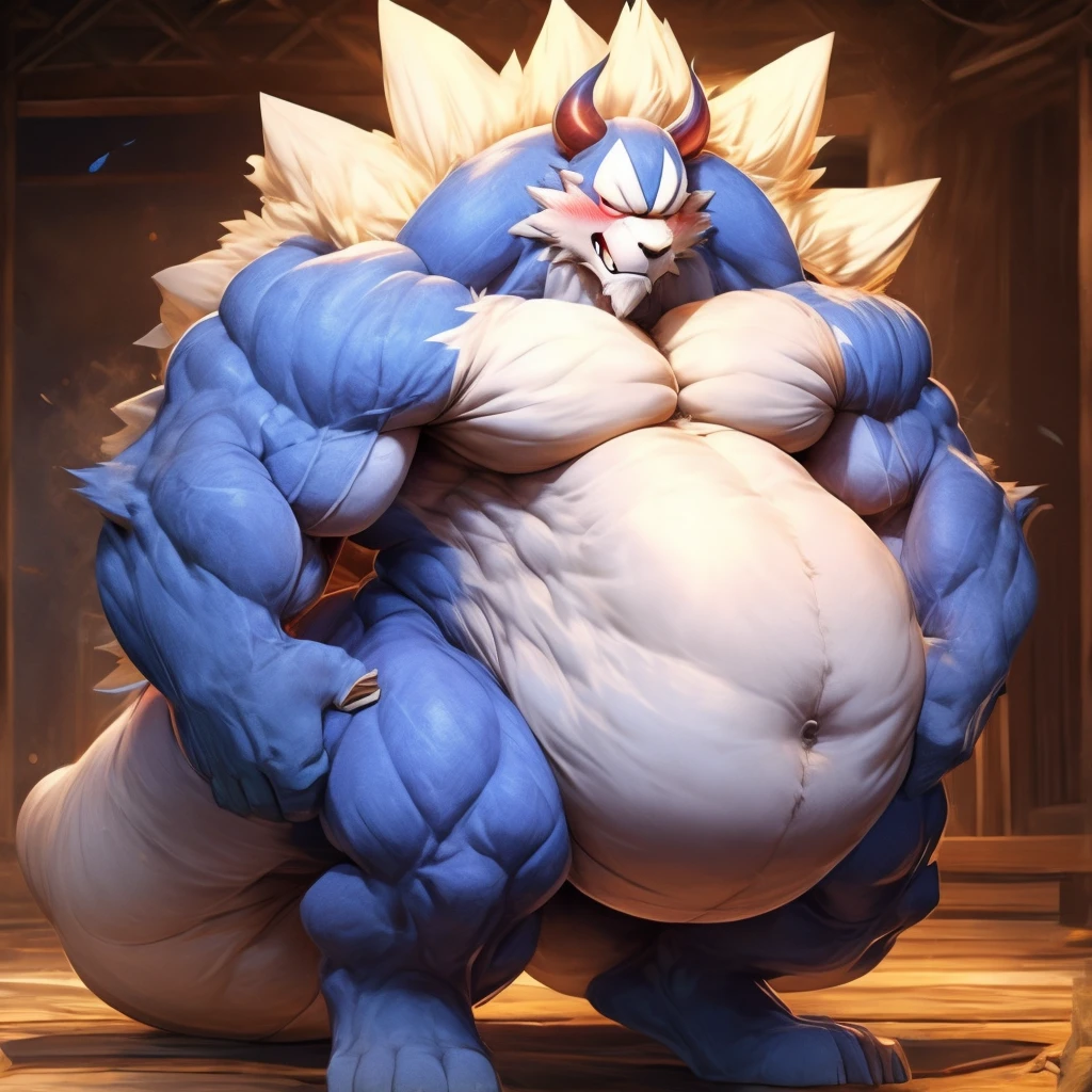 Gallon Darkstalkers, Blueberry Inflation, full of juice, immobile, round body, blob body, blushing, embarrassed, gargantuan belly, big moobs