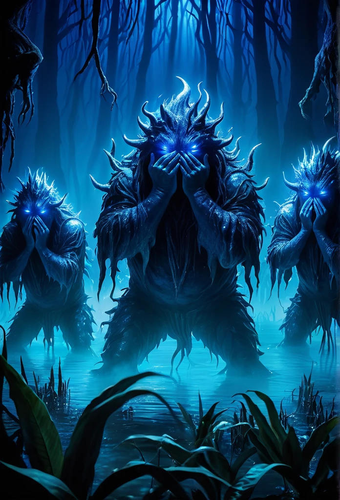 Swamp monsters with hands over eyes dazzled by intense blue light 