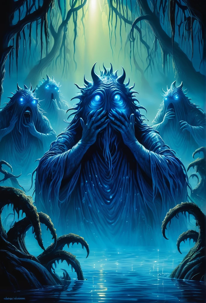 Swamp monsters with hands over eyes dazzled by intense blue light