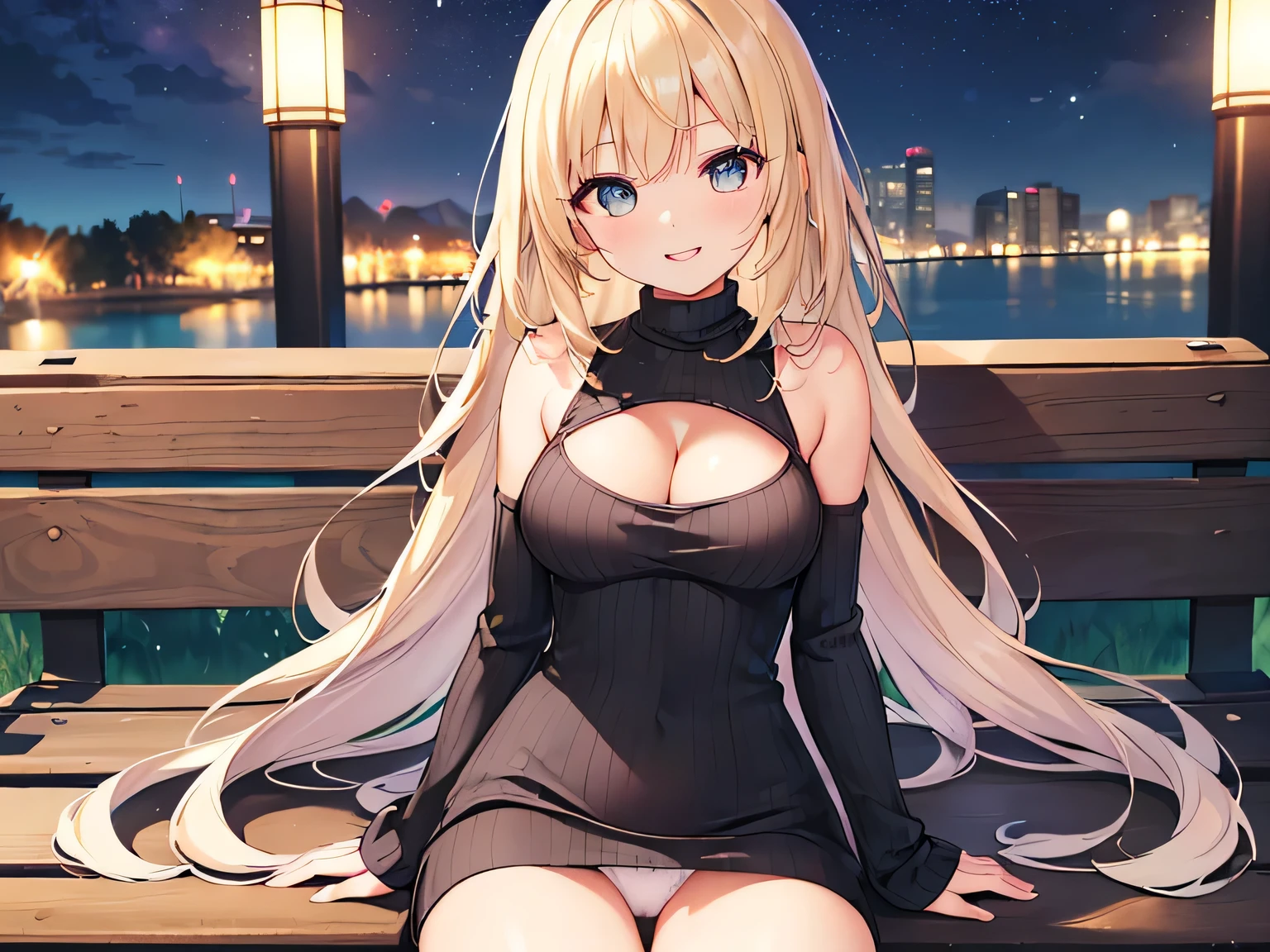 (Masterpiece, top quality, high resolution, realistic photo, realistic looking skin:1.1),
(Woman is sitting on a park bench at night:1.8),
(The dress is so short you can almost see her panties: 1.8),
(She is looking at the viewer from a little higher up:1.8),
(She has a provocative smiling expression on her face:1.8),
(She is wearing a blue knit long-sleeved turtleneck mini-dress:1.8),
(The material of the dress is ribbed knit to show the lines of the body:1.8),
(The dress has a gap around her chest, revealing her cleavage: 1.8),
(She is wearing black middle boots: 1.8),
(Panties are white with pattern: 1.5),
(Blonde with long hair: 1.5),
(She has D-cup breasts, so you can see her cleavage through her breasts: 1.5),
(The place is a park bench at night: 1.5),
1 Japanese girl, solo, full bodied esbian, beautiful eyes, shining eyes, shining thighs, NSFW