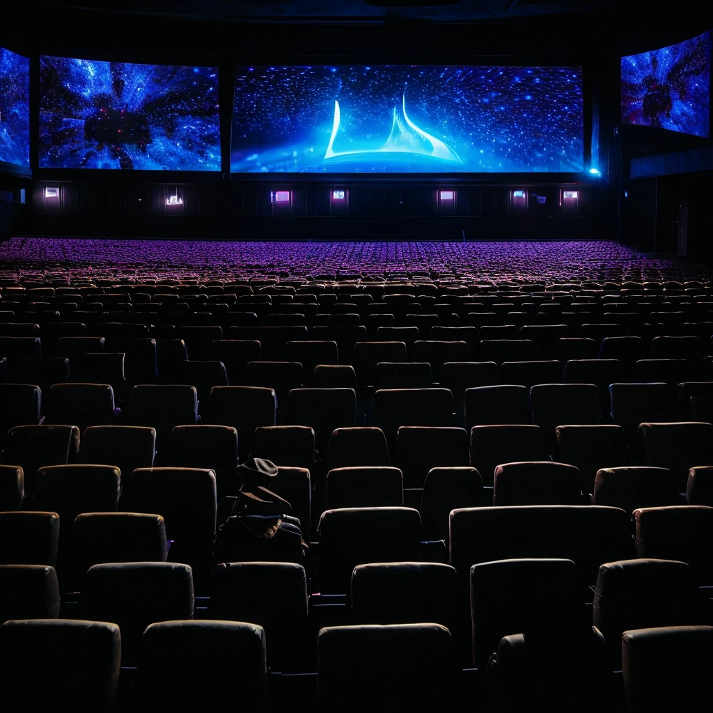 Dark neon huge cinema with huge screen