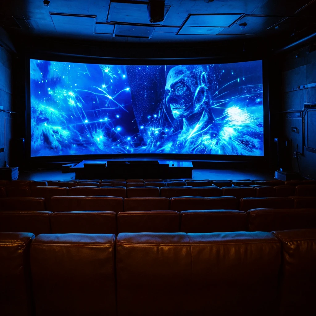 Dark neon huge cinema with huge screen