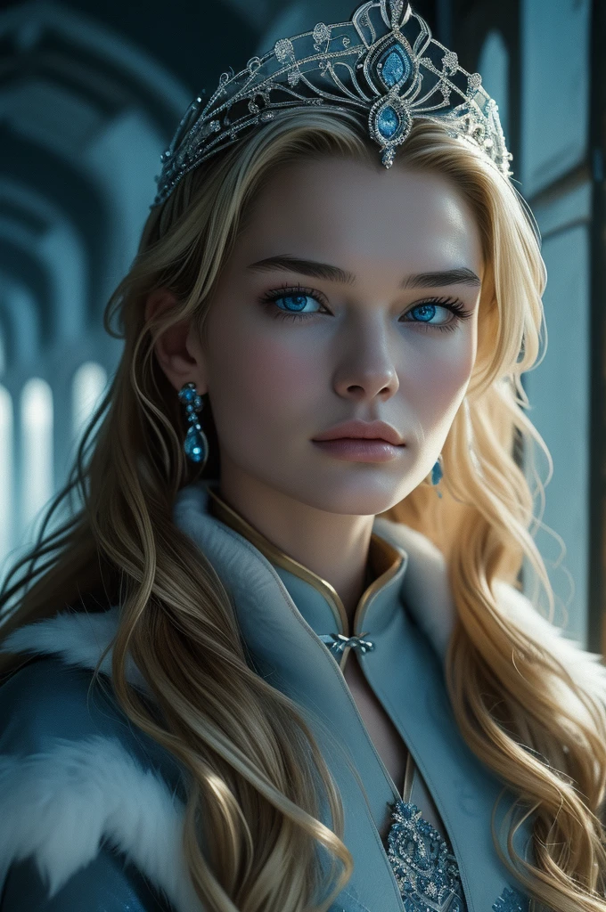  Lena Headey, ultra detailed face, ultra detailed blue eyes, long blonde hair, (dress), tiara, winter, (((masterpiece)))