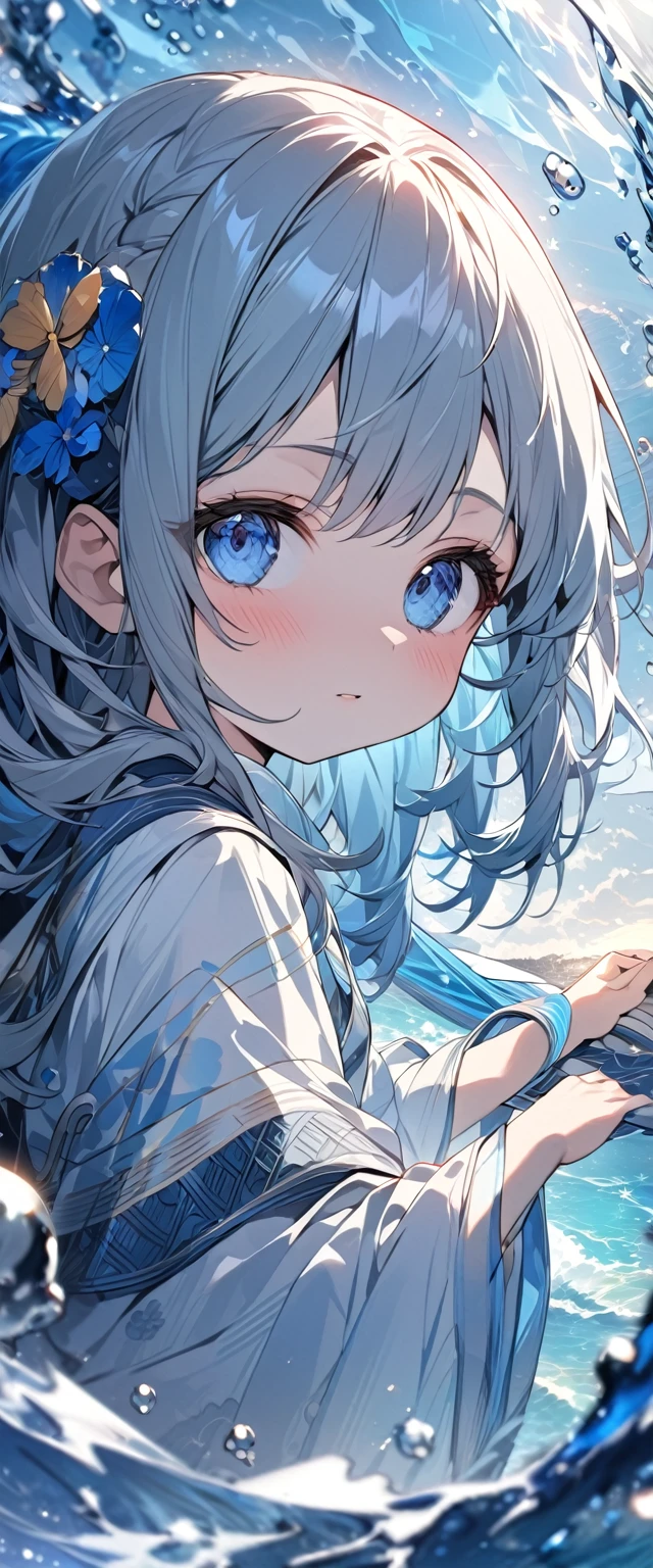 Highest quality,masterpiece,Detailed Details,Super detailed,colorful,The background is the deep blue sea,Transparency,Use HDR technology to create a sense of depth,beautiful,beautiful自然,5 girl,Alone,He wears a large Great Sage's robe with a starry sky pattern.,Stand in the center of the screen,The whole body faces this way,Look diagonally forward to the left,Put your right hand forward in a three-dimensional way,A star-like light from the right,Light magic from the right hand,Narrow and gentle eyes,mysterious,Silver hair decorated with blue flowers,Fantasy atmosphere,beautiful虹色の蝶々is flying in the air