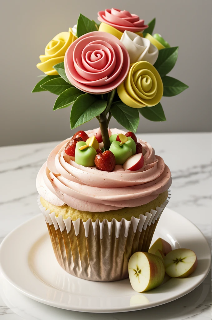 Create an advertising image of a decorative arrangement that has a cupcake, Sweet gummies, SNAKE, small juice, Apple,