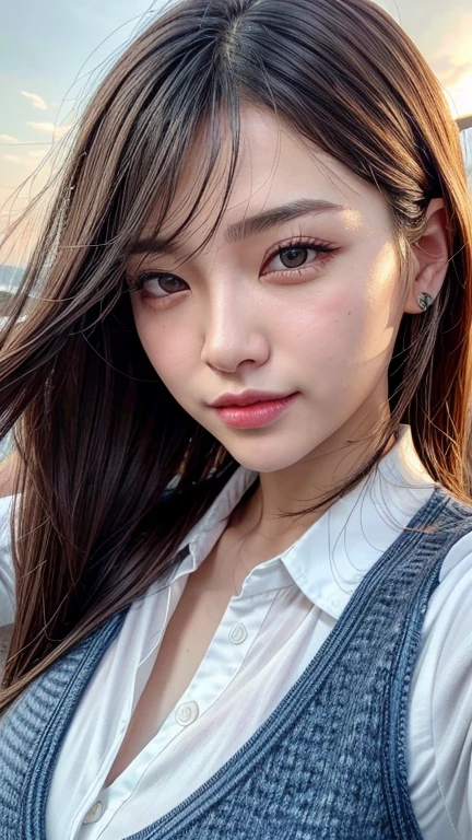 8K,Highest quality, Tabletop, Ultra-detailed, 超High resolution, Realistic, RAW Photos, Absurd, The absolute solution, One Girl, Upper Body Shot, View your viewers,Young and beautiful woman in Japan, Super cute face, Attractive person, Large Breasts,Long Bob Hair,smile,(school uniform:1.3),Beautiful Eyes,(the wind is strong:1.3), 混雑した道をsmileで歩く,Glossy Lips, Double eyelids on both eyes, Natural Makeup, Long eyelashes, 光沢のある滑らかなライトブラウンのLong Bob Hair, Asymmetrical bangs, Shiny skin, Center image, High resolution, Attention to detail, Detailed hairstyle, Detailed face, Great cinema lighting, Octane Rendering, Vibrant, Ultra-realistic, Perfect limbs, Perfect Anatomy