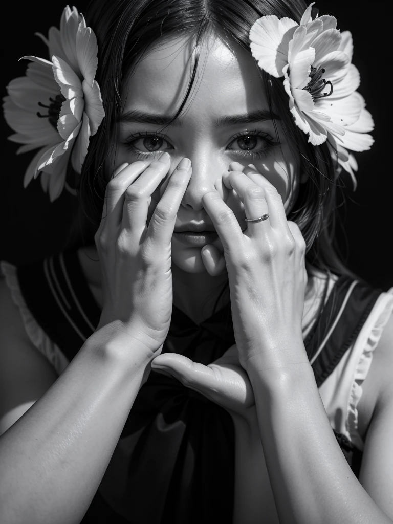 Just Two injured hands holding flowers, melancholic aesthetic, highly detailed image, melancholy, ultra realisitic, grayscale image, red and black, 8K