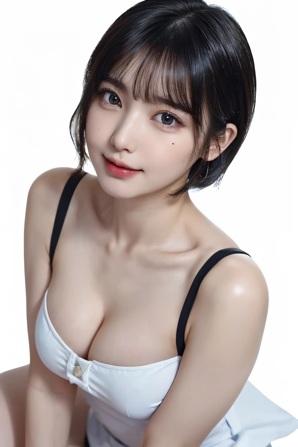 masterpiece, Highest quality, Ultra-high resolution, Highly detailed portrait, (Photorealistic photography: 1.4), (1 Girl) ((1 Girl, White skin, Kneel, From above, Looking up at the audience, Face close-up, 19 years old, cute, cute, cute black hair, Shiny black hair, Bob_cut, short hair, big breasts, big)) (Charm, simple blue and white two-tone uniform, uniform, Shiny clothes, Soaking wet) (Portraits of famous Japanese actresses), (smile, Happy, Joyful, Hilarious, Close your mouth), (A chest between the arms, between the chest), Eye for detail, ((A truly pure white background, No background)), ((Long neck, bangs, bangs, Beautiful face, Gaze looking at the camera, eyelash, big eyes, Transparent double eyelids, Watery eye mole, Shiny skin, Beautiful skin quality, Beautiful collarbone, Lip gloss))