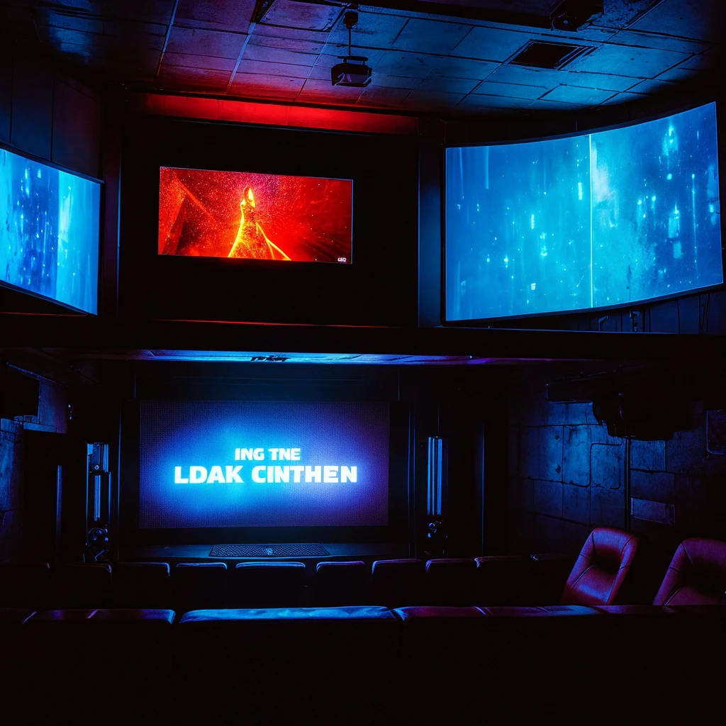 Dark neon huge cinema with huge square screen