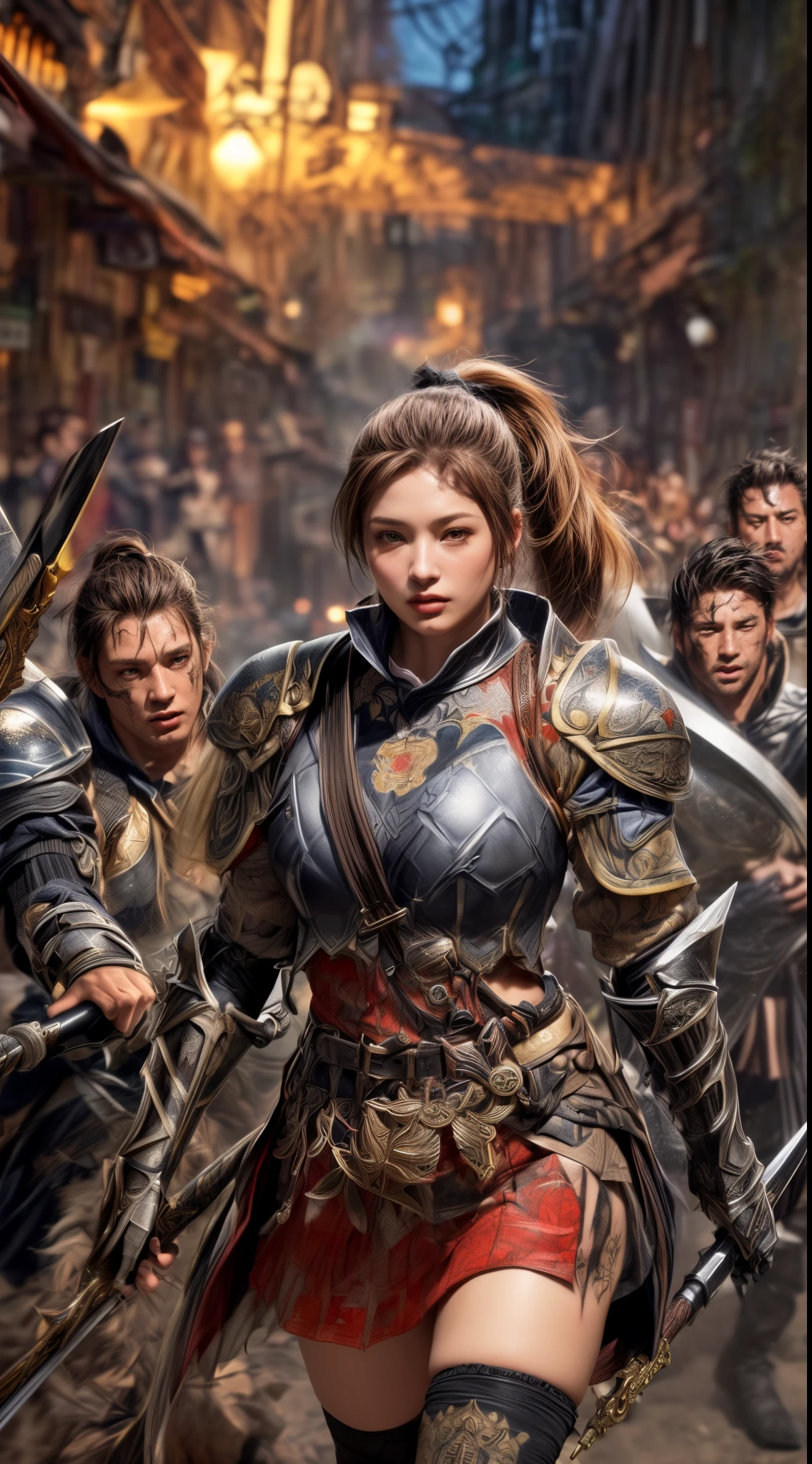 Very beautiful woman、Very tall woman、((logic))、(Detailed face)、Realistic Skin、((Knights of the Earth)), (((Light brown and black armor:1.25)))、((((非常に繊細で装飾が施されたLight brown and black armor))))、((Delicate photo))，(Girl Astepeace RAW Photo Details:1.25), (Highest quality:1.6), (Ultra-high resolution:1.5), (Realistic:1.75), 8K resolution, Canon EOS R5, 50mm, Absurd, Super detailed,Cinema Lighting,Battlefields of Medieval Europe、((Fight))、RPG World、Final Fantasy、(((Decorative skirt)))、Thigh-high socks、Shingard、night、((((Messy center parted high ponytail))))、((Get a six pack))、Torn Cloak、((Beautiful Armor))、(((Huge Weapons)))、In combat、The wind is blowing、(((Leading a large group of knights:1.3)))、(((Knight Commander)))、(banner)、Ape coat of arms、(((The main color is light brown)))、(((Black tribal tattoos)))、Dust、(((Wearing fur)))、(Rocky area)、(((Battle Scenes)))