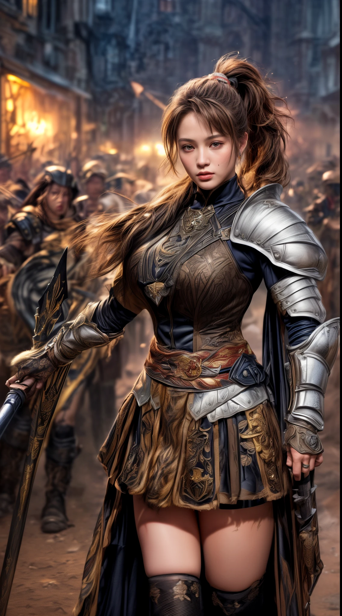 Very beautiful woman、Very tall woman、((logic))、(Detailed face)、Realistic Skin、((Knights of the Earth)), (((Light brown and black armor:1.25)))、((((非常に繊細で装飾が施されたLight brown and black armor))))、((Delicate photo))，(Girl Astepeace RAW Photo Details:1.25), (Highest quality:1.6), (Ultra-high resolution:1.5), (Realistic:1.75), 8K resolution, Canon EOS R5, 50mm, Absurd, Super detailed,Cinema Lighting,Battlefields of Medieval Europe、((Fight))、RPG World、Final Fantasy、(((Decorative skirt)))、Thigh-high socks、Shingard、night、((((Messy center parted high ponytail))))、((Get a six pack))、Torn Cloak、((Beautiful Armor))、(((Huge Weapons)))、In combat、The wind is blowing、(((Leading a large group of knights:1.3)))、(((Knight Commander)))、(banner)、Ape coat of arms、(((The main color is light brown)))、(((Black tribal tattoos)))、Dust、(((Wearing fur)))、(Rocky area)、(((Battle Scenes)))